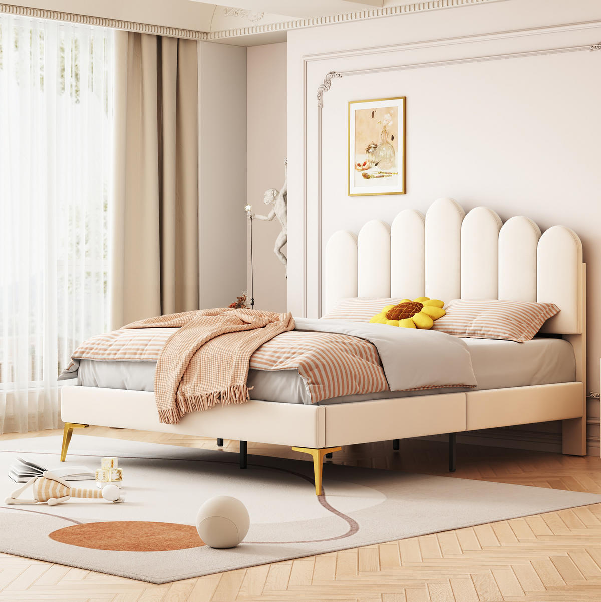 ČALÚNENÁ posteľ z MDF, zamatu a kovu 140x200 cm béžová s nastaviteľným čelom, roštom a nosnosťou 250 kg - béžová, kompozitné drevo (140/200cm) - Modfu
