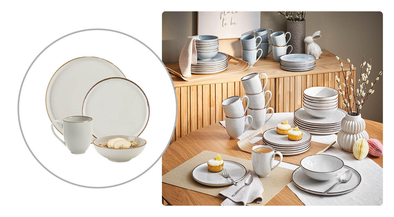 Esstisch mit gedecktem Geschirr bestehend aus Tellern, Tassen und Schalen in schlichtem Design sowie passende Geschirrsets auf einem Sideboard.