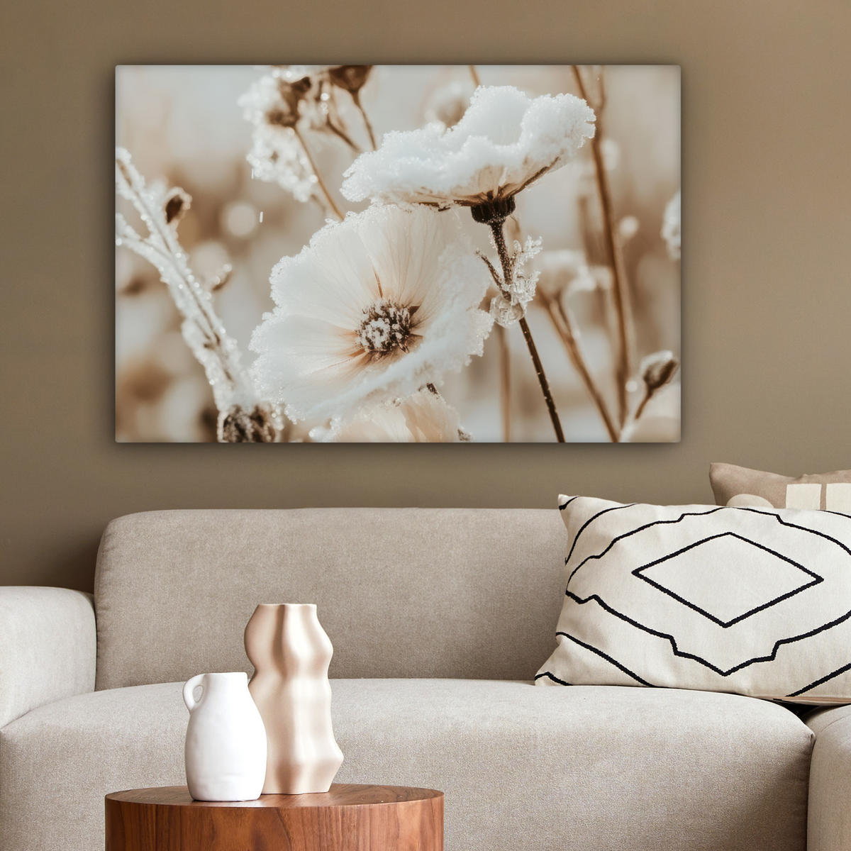 LEINWANDBILD Blumen - Winter - Weiß - Schnee - Beige Wanddeko 90x60 cm - Creme, Textil (90/60cm) - MuchoWow