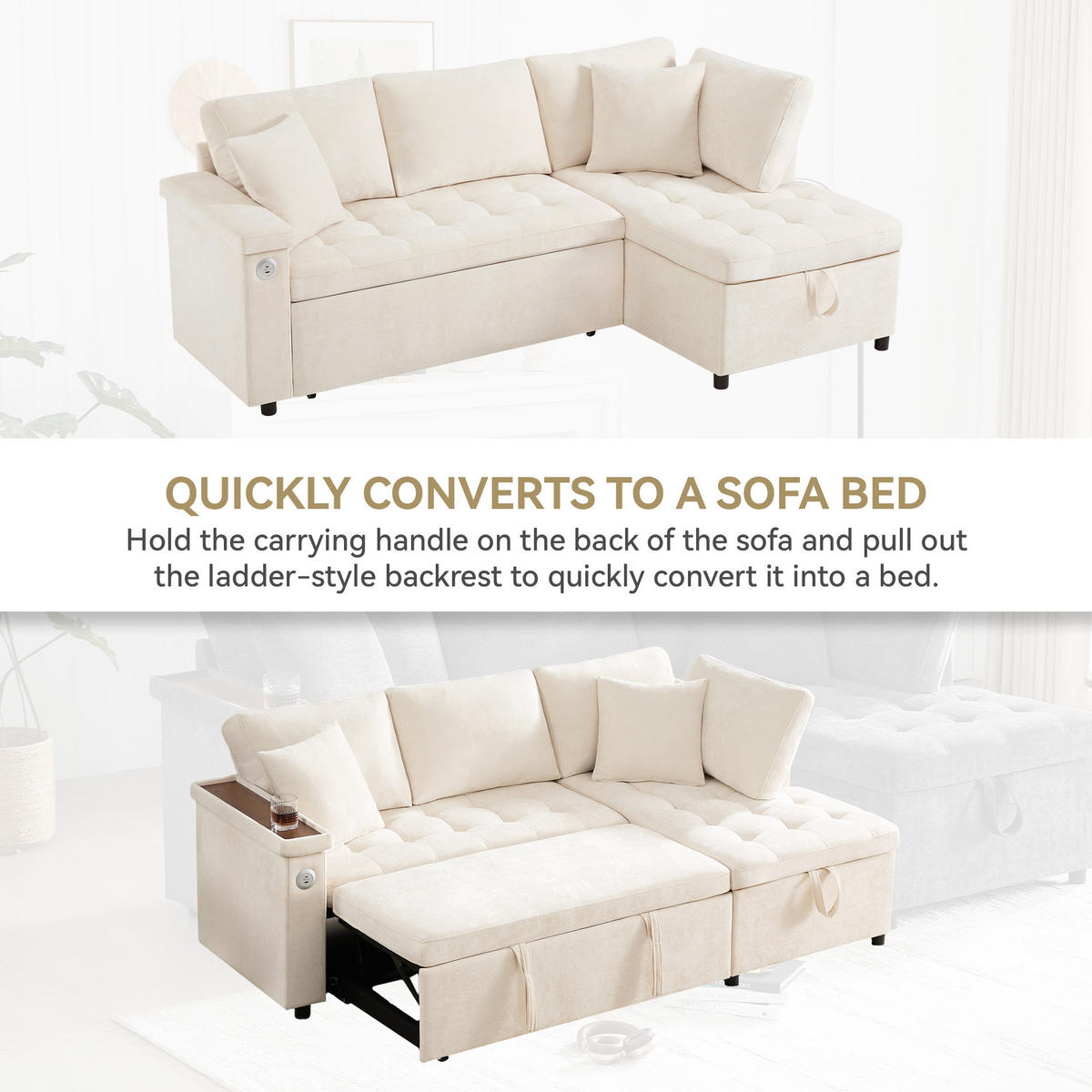 SCHLAFSOFA L-Form mit Stauraum, USB und 2 Kissen, Beige - Beige, Textil (209/84/130cm)