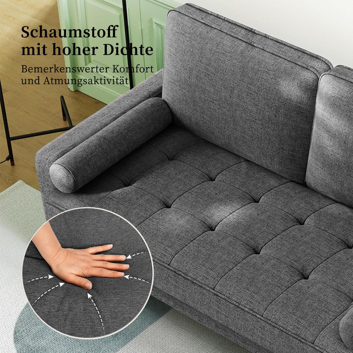 SOFA 2-Sitzer Modernes Kleines Sofa 120 cm,Stoffcouch mit Armlehne Knopf-Design, inkl. 2 Wurfkissen Couch für Wohnzimmer,Gästezimmer,Wohnung,Grau - Grau, Textil (51/46/121cm)