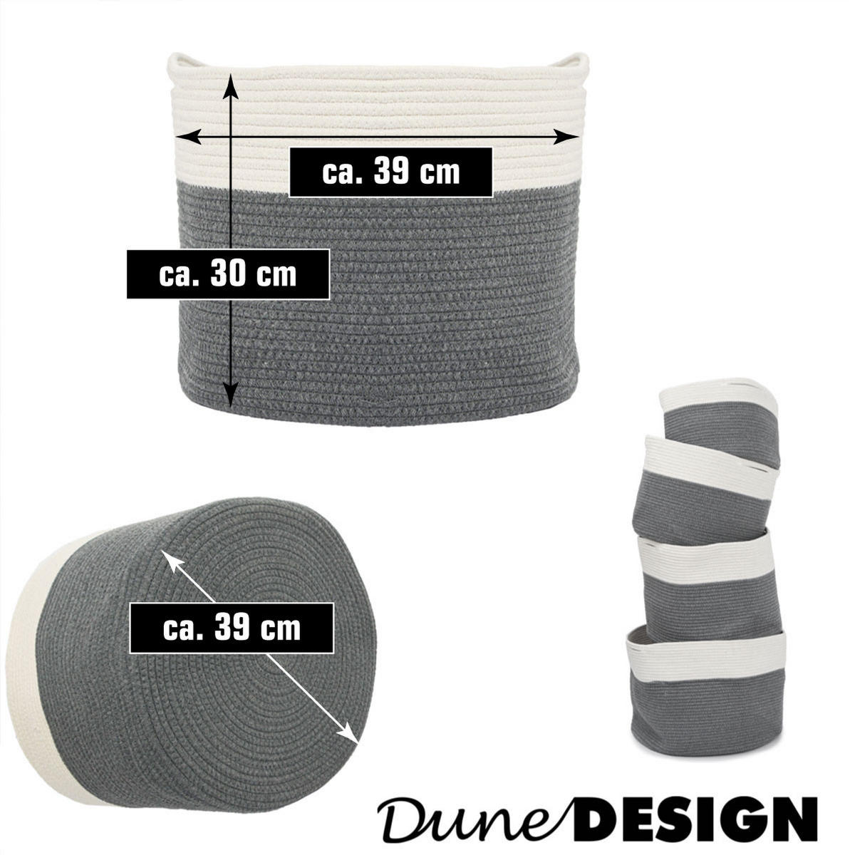 BAUMWOLL-WÄSCHEKORB 35 Liter Ø39x30 cm Grau - Weiß, Textil (39/30/39cm) - Dunedesign
