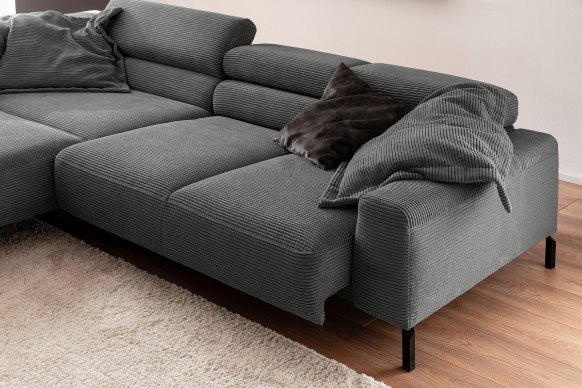 ECKSOFA MIT MOTORISCHEM SITZVORZUG DELIA Grau Cord - Schwarz/Grau, Textil/Metall (312/219cm) - KAWOLA
