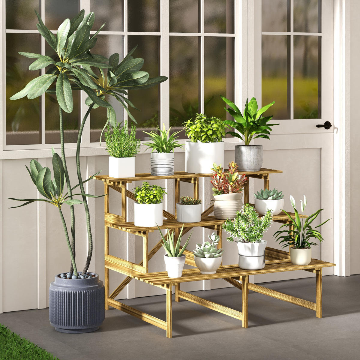 PFLANZENTREPPE, Tannenholz, Verkohlt - Braun, Holz (80/78/120cm) - Outsunny