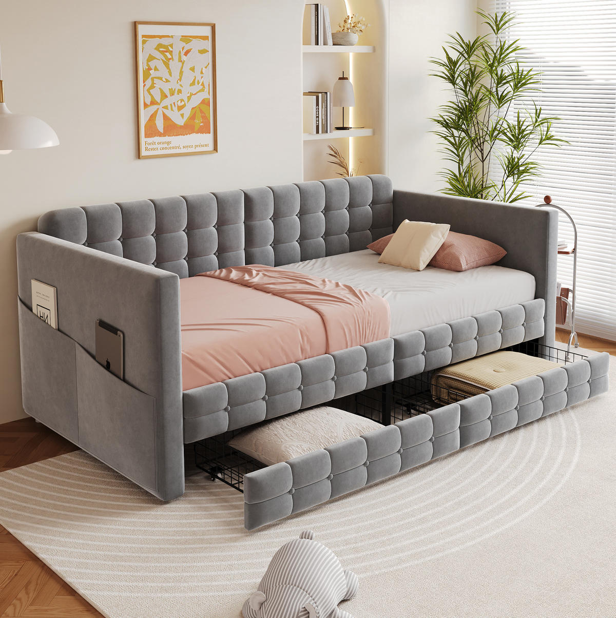 POLSTERBETT 90/190 cm Grau Schlafsofa mit Stauraum und 2 Schubladen - Grau, Textil (90/190cm) - OKWISH