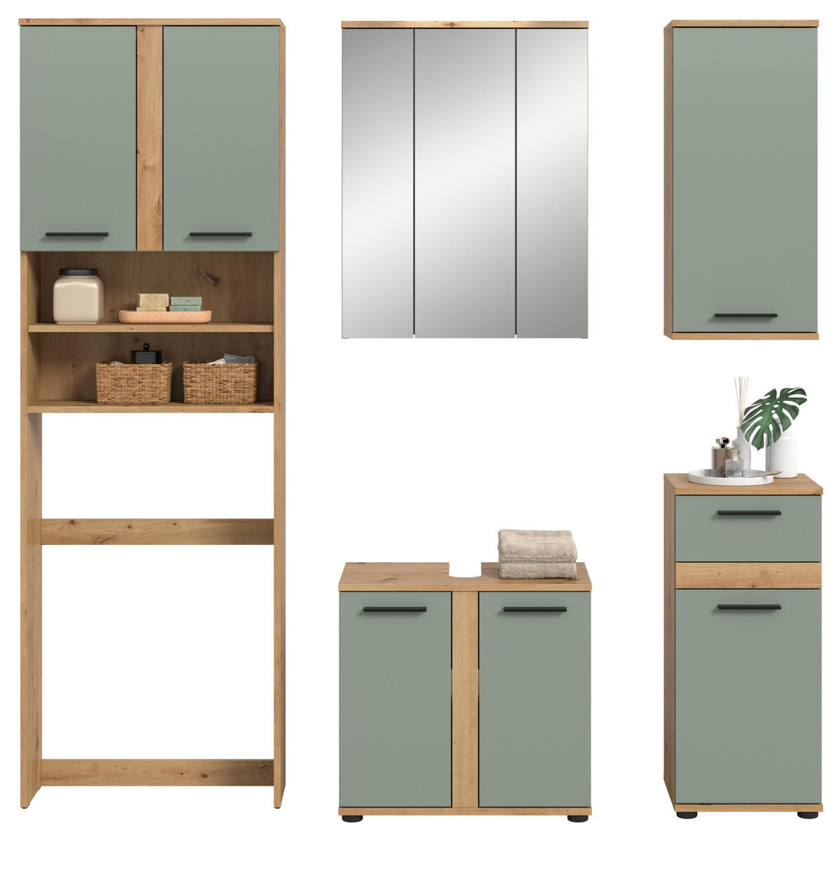 BADMÖBEL-SET 5-teilig Salbei grün, Artisan Eiche 192 cm, Badezimmerschränke mit viel Stauraum - Salbeigrün/Schwarz, Glas/Holzwerkstoff (192/191/34cm) - Inn.Furn
