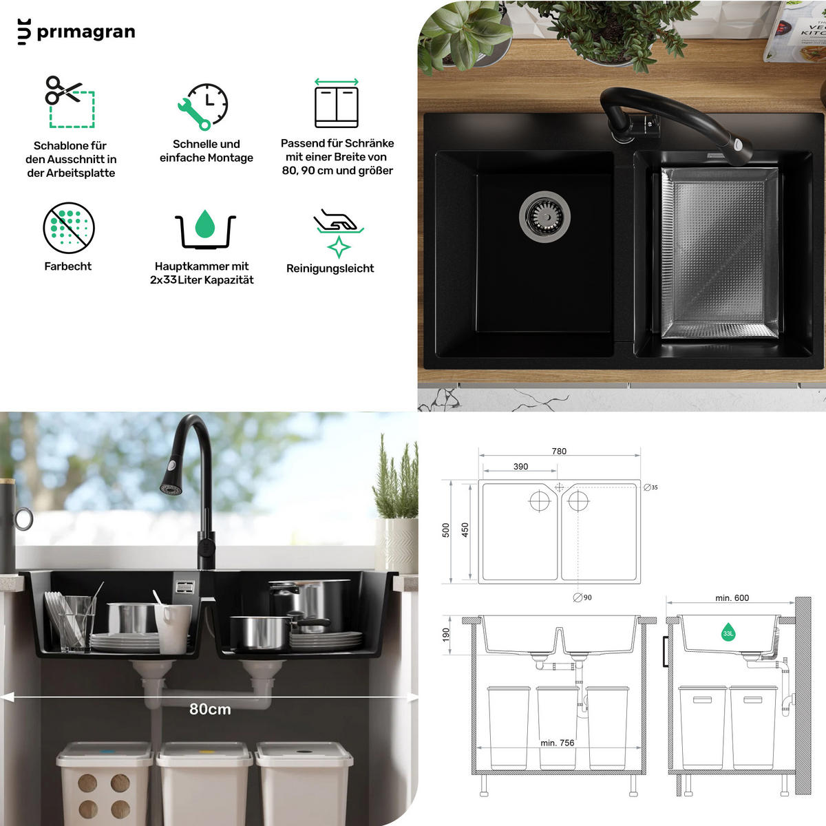 GRANITSPÜLE Madrid Twin, 2-er set Weiß 78/50 cm 2 Becken + Küchenarmatur 40/20 cm + Ablauf-Set ab 80er Unterschrank - Chromfarben/Weiß, Kunststoff (78/19/50cm) - Primagran