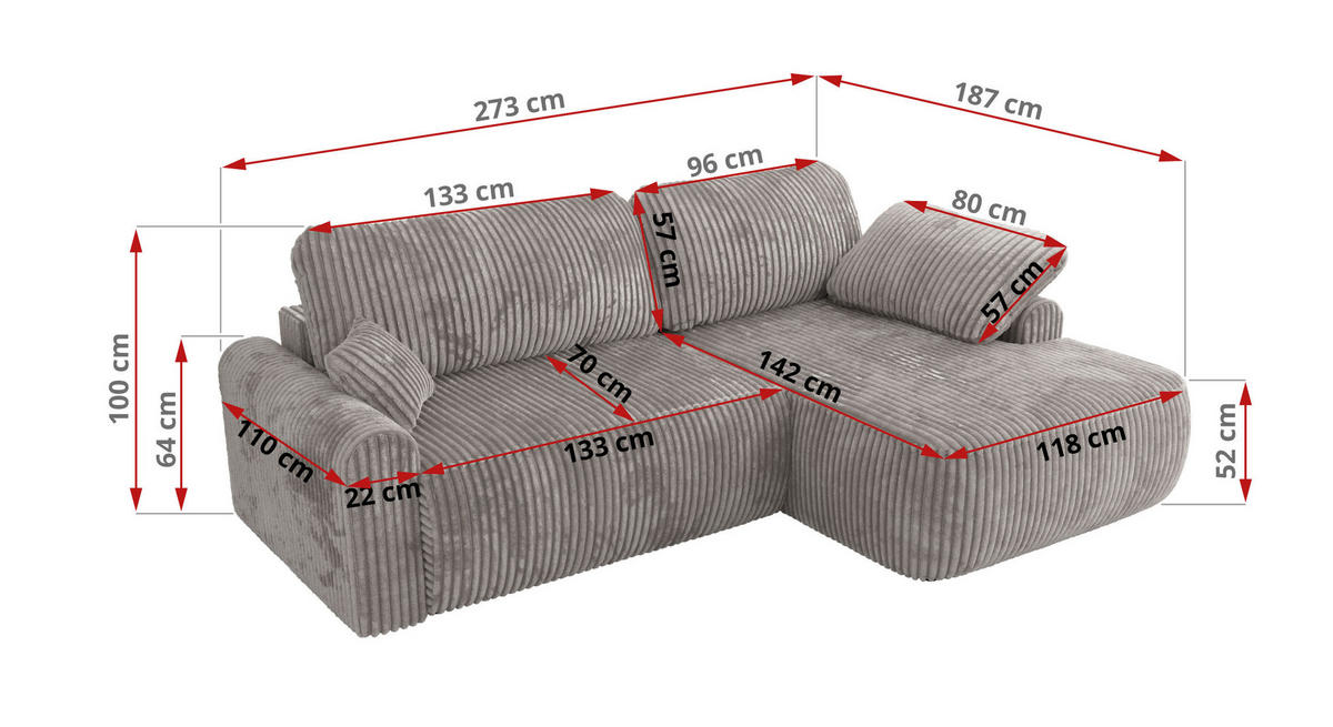ECKSCHLAFSOFA CUBO L Grau Cord - rechts - Schwarz/Grau, Kunststoff/Textil (187/273cm) - MKS