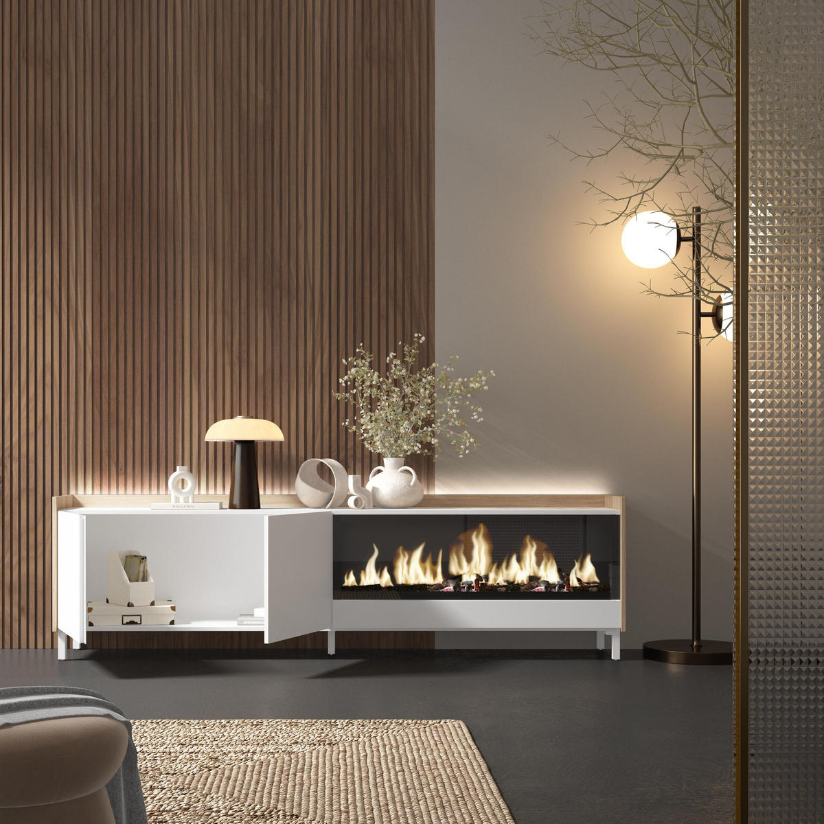 LOWBOARD, Weiß und Eiche, 212/35/61cm, Kamin mit Feuereffekt XXL - Weiß, Holzwerkstoff (212/61/35cm) - Skraut Home