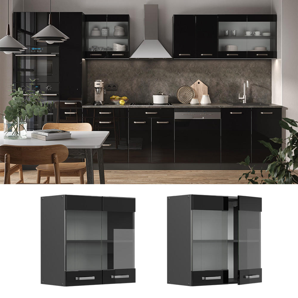 KÜCHENGLASSCHRANK R-Line Schwarz Hochglanz 60 cm - Schwarz Hochglanz/Anthrazit, Holzwerkstoff (60/60/31cm) - Vicco