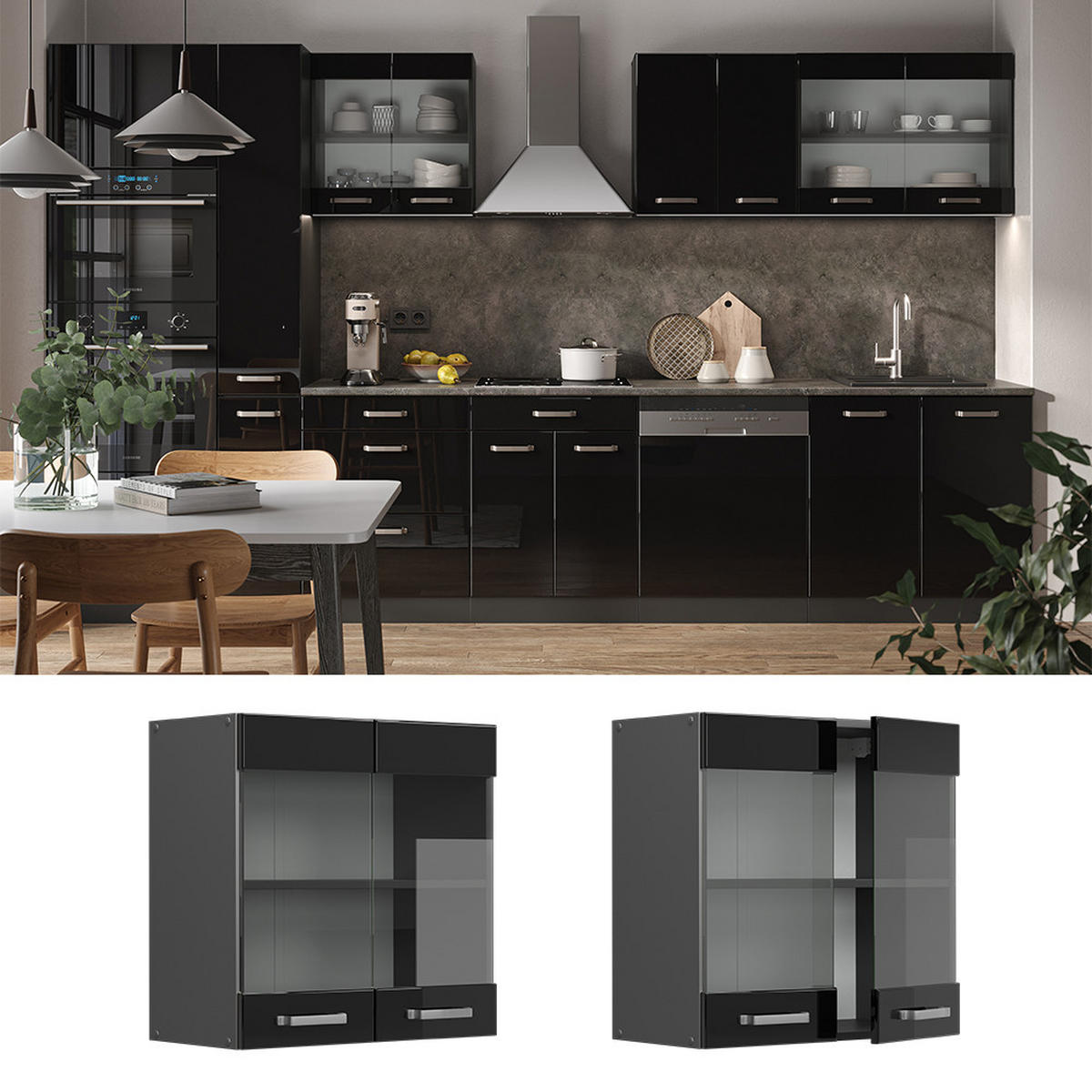 KÜCHENGLASSCHRANK R-Line Schwarz Hochglanz 60 cm - Schwarz Hochglanz/Anthrazit, Holzwerkstoff (60/60/31cm) - Vicco