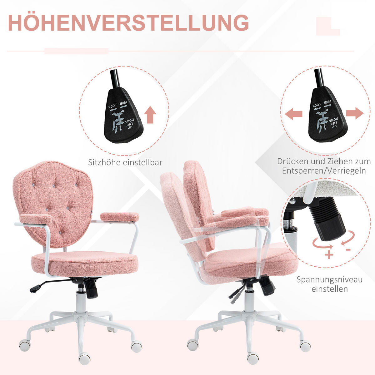 DREHSTUHL 63/61,5/93-101 cm rosa aus Polyester höhenverstellbar - Pink, Kunststoff (61.5/101/63cm) - OKWISH