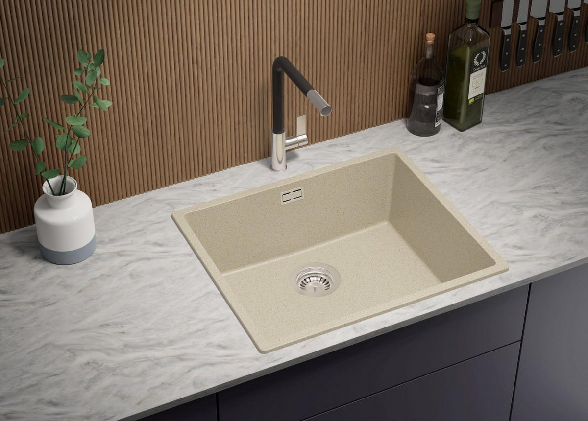SPÜLBECKEN London Slim, 2-er set Beige 56/47 cm 1 Becken + Ablauf-Set ab 60er Unterschrank - Chromfarben/Beige, Kunststoff (56/20/47cm) - Primagran