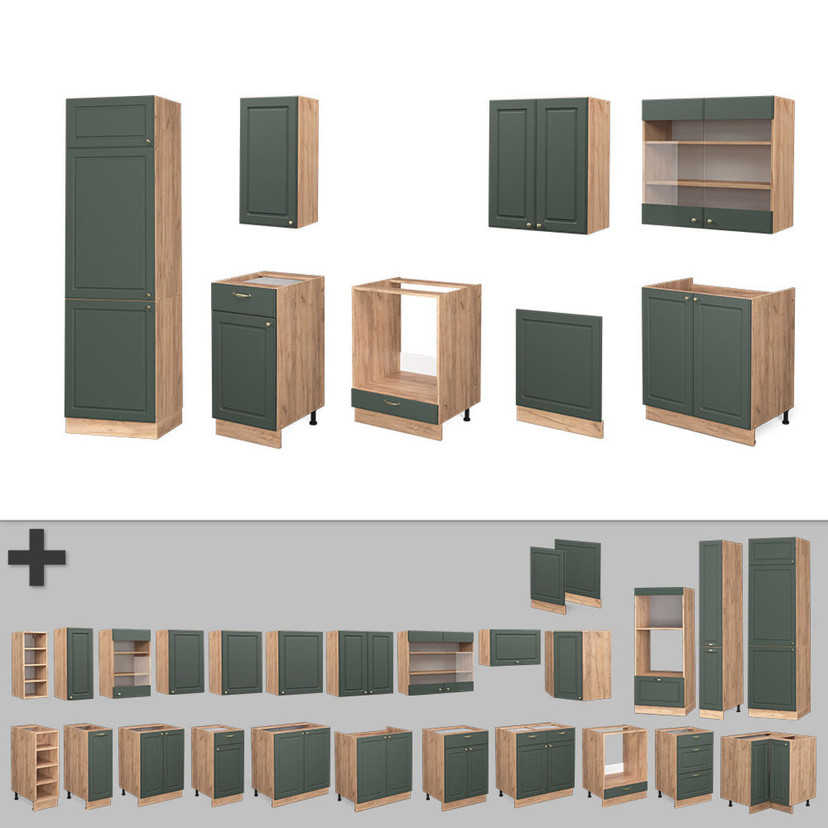 KÜCHENZEILE Fame-Line Grün-Gold Landhaus/Goldkraft Eiche 300 cm AP Marmor - Eiche Wotan/Grün, Holzwerkstoff (300/81.6/60cm) - Vicco