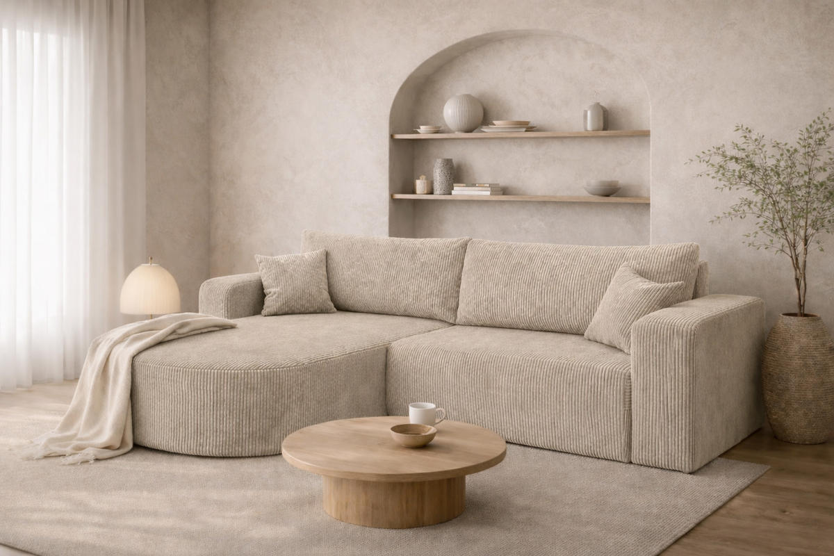 ECKSOFA Mit Schlaffunktion, Cordstoff Poso, Dunkelbeige, Links, ROUND ONE - Beige, Holz (244/175cm) - Kaiser Möbel