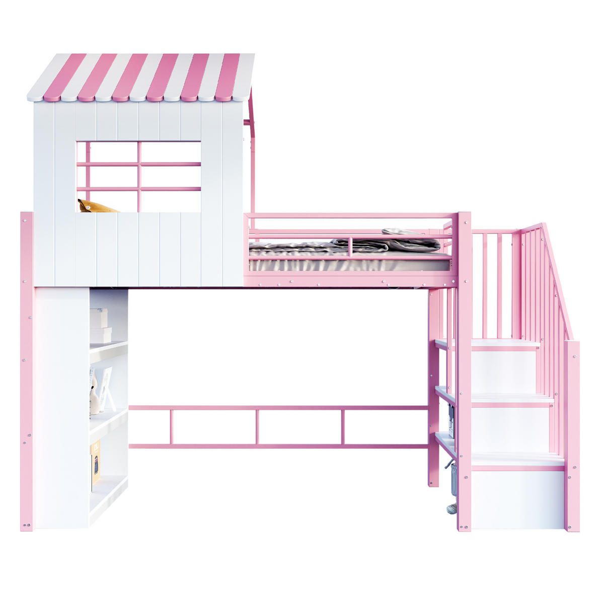 HOCHBETT 90x200 cm in Rosa mit Stauraumtreppe und Regal - Pink, Holzwerkstoff (90/200cm) - IVMEU