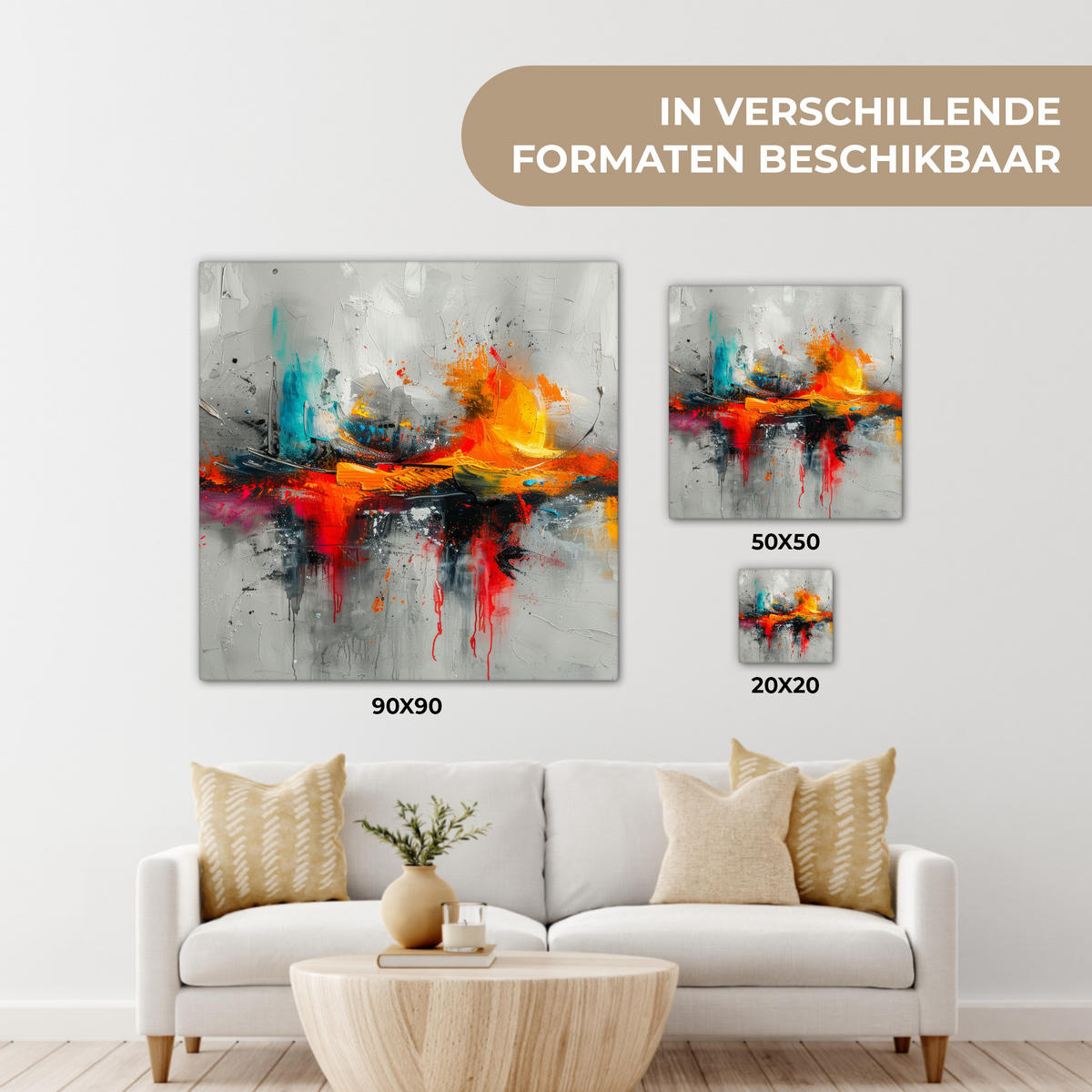 LEINWANDBILD Moderne Kunst - Orange - Grau - Abstrakt Deko Groß 90x90 cm - Hellgrau, Textil (90/90cm) - MuchoWow