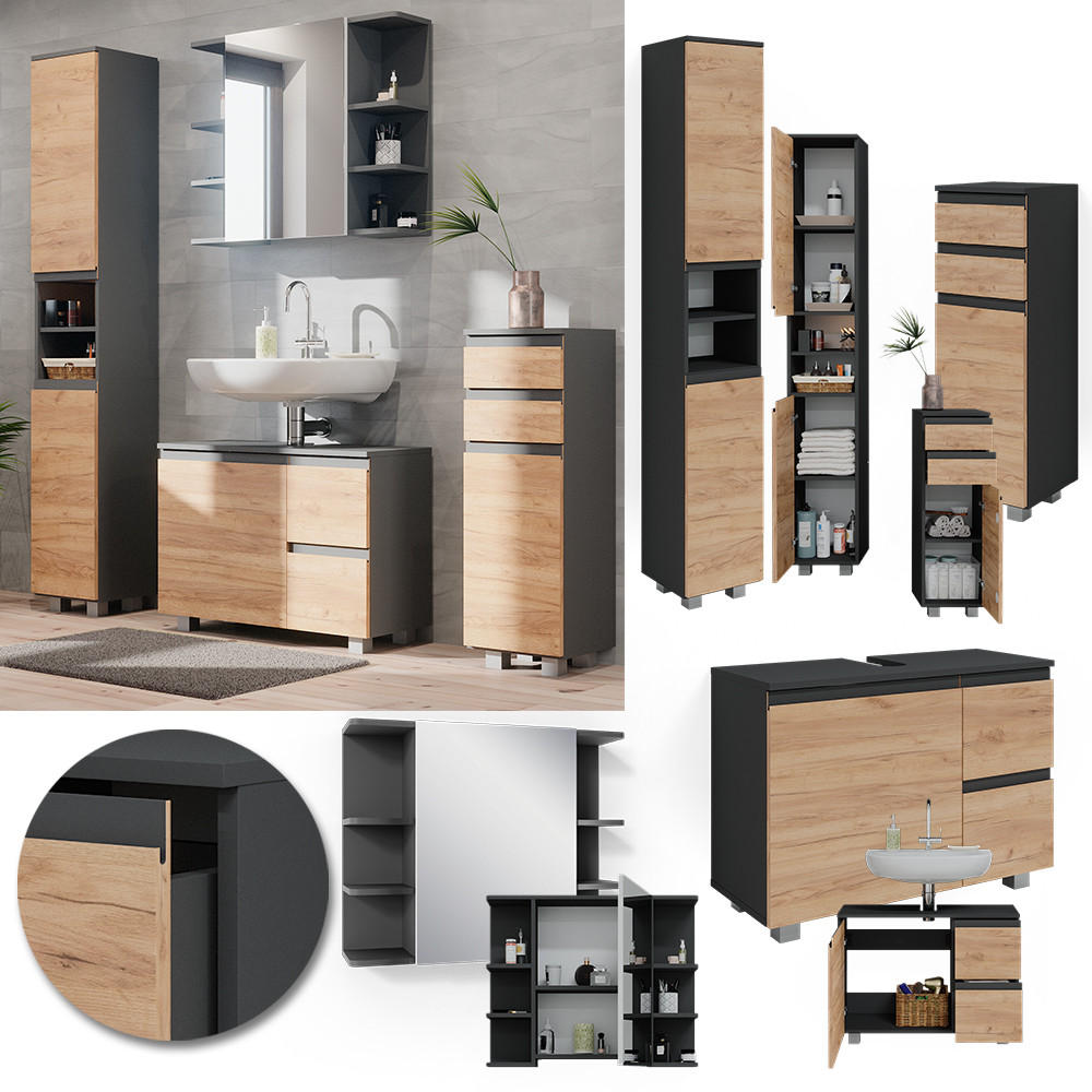 BADMÖBEL-SET J-Shape Grau 4 Teile - Eichefarben/Grau, Holzwerkstoff (80/60/33cm) - Vicco