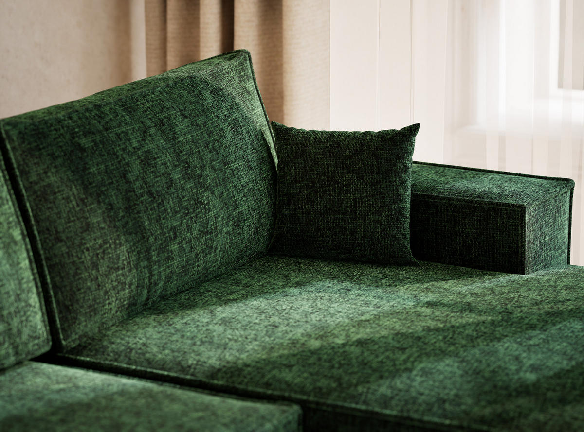 WOHNLANDSCHAFT Kyoto Dunkelgrün Chenille-Stoff - Dunkelgrün/Schwarz, Holz/Holzwerkstoff (398/70/148cm) - Maison de Reve