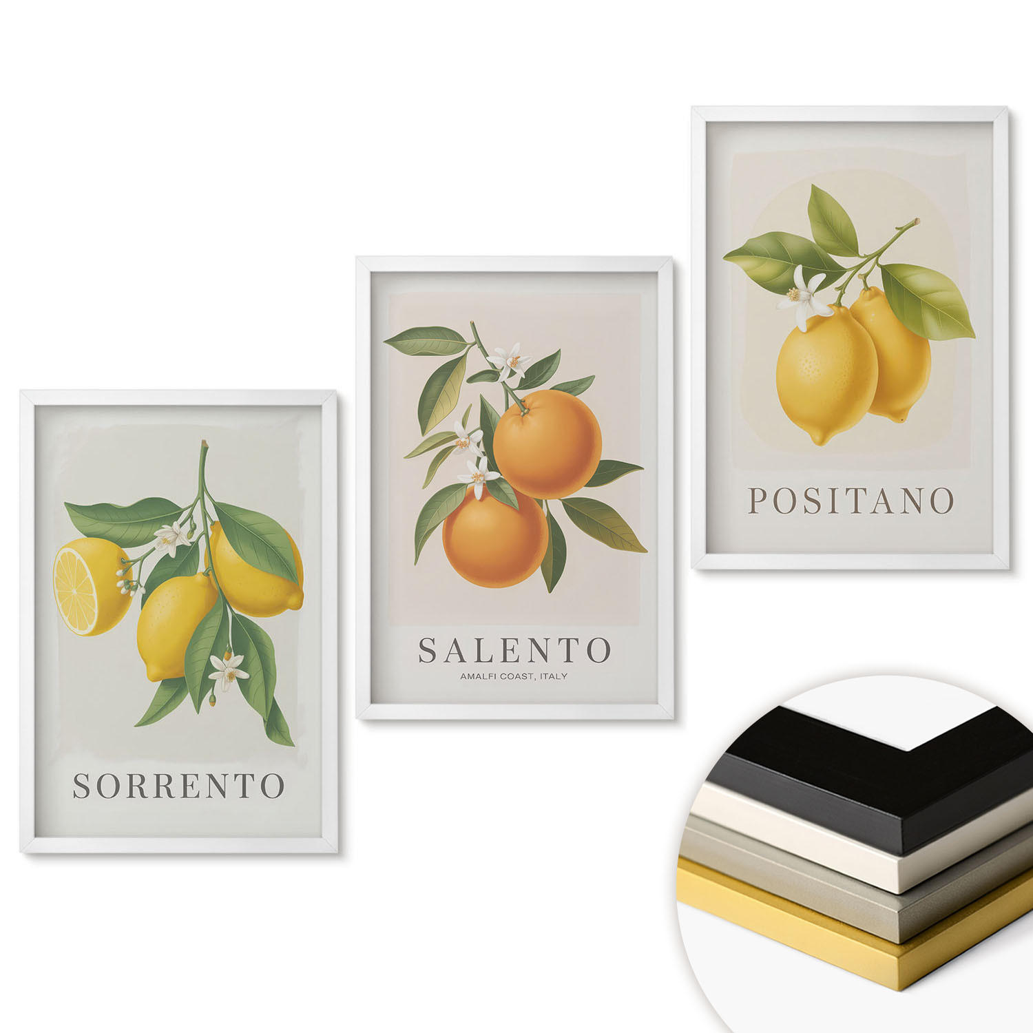 WANDBILDER 3er-Set - 40x60 cm Weißer Rahmen - Amalfi-Zitronen und -Orangen - Weiß, Kunststoff (40/60cm) - ArtPrintCave