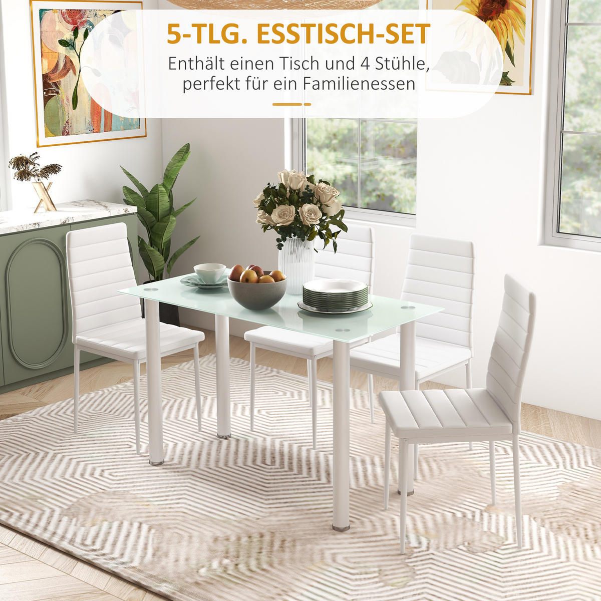 5-TLG. Essgruppe, Esstisch mit 4 Stühlen, Küchentisch mit Hartglasplatte Weiß - Weiß, Kunststoff (60/97/120cm) - HOMCOM