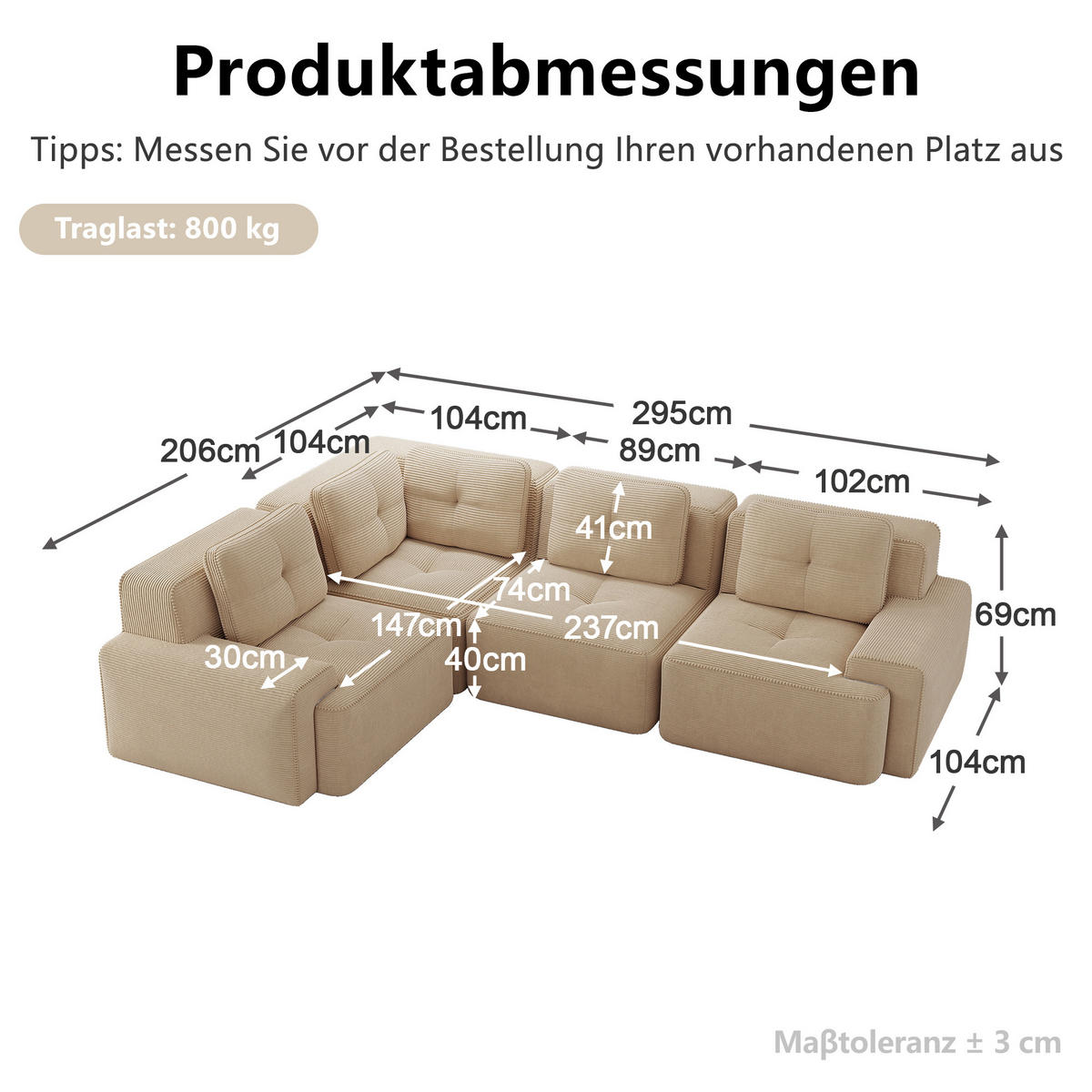 ECKSOFA DE-34222 modularer Tiefsitz Beige - Beige, Textil (104/382cm) - ComfortXL