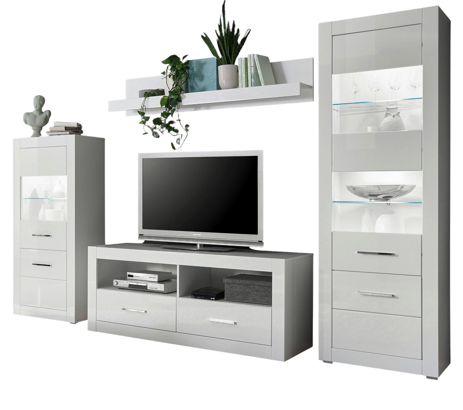 WOHNWAND weiß Hochglanz, Wohnkombination 4-teilig 300 x 198 cm - Chromfarben/Weiß Hochglanz, Glas/Holzwerkstoff (300/198/45cm) - Furn.Design