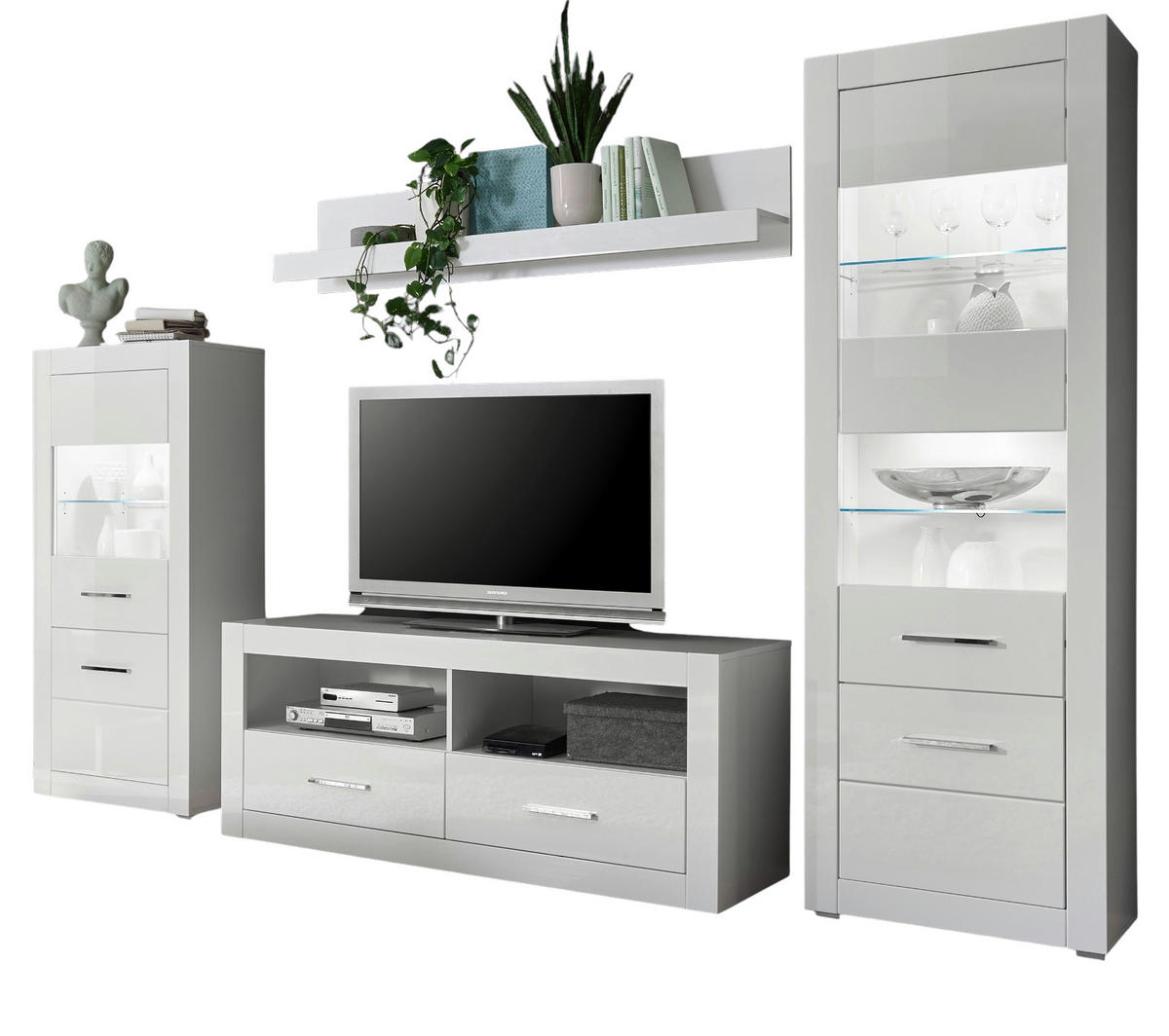 WOHNWAND weiß Hochglanz, Wohnkombination 4-teilig 300 x 198 cm - Chromfarben/Weiß Hochglanz, Glas/Holzwerkstoff (300/198/45cm) - Furn.Design