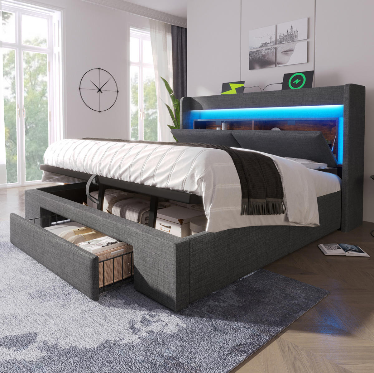 BETT mit Stauraum 140x200 cm Leinen Grau inklusive Matratze - Grau, Metall (140/200cm) - Meubliv