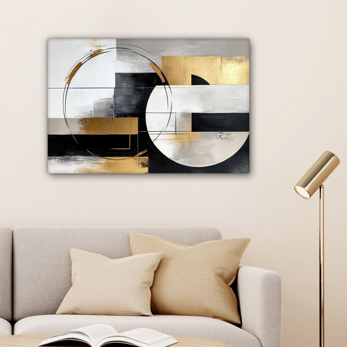LEINWANDBILD - Abstrakt - Gold - Silber - Formen - Ästhetik - 90x60 - Deko Wohnzimmer - Multicolor, Textil (90/60cm) - MuchoWow