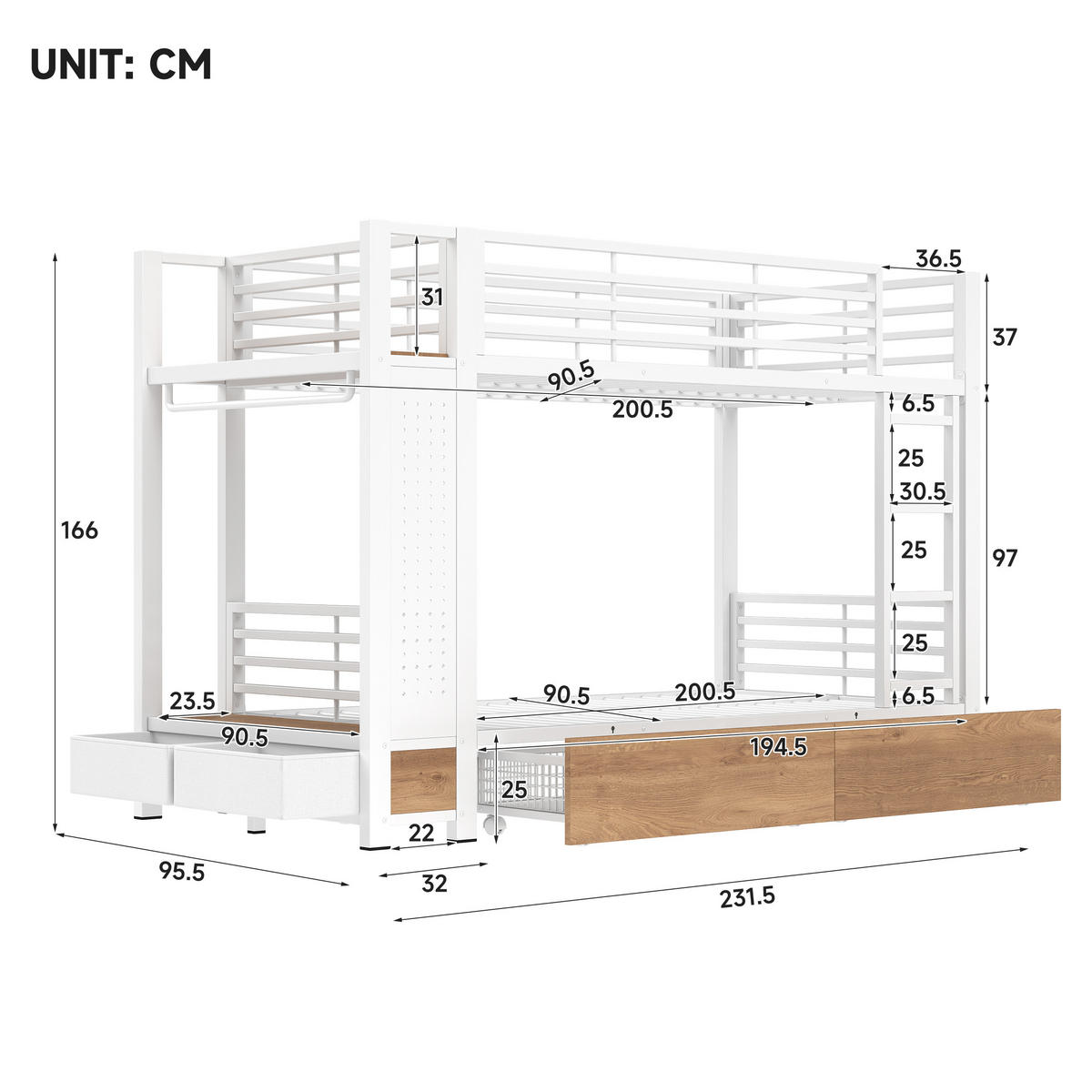 ETAGENBETT 90x200 Weiß Metall mit 4 Schubladen, LED & Kleiderstange - Weiß, Metall - Urban Meuble