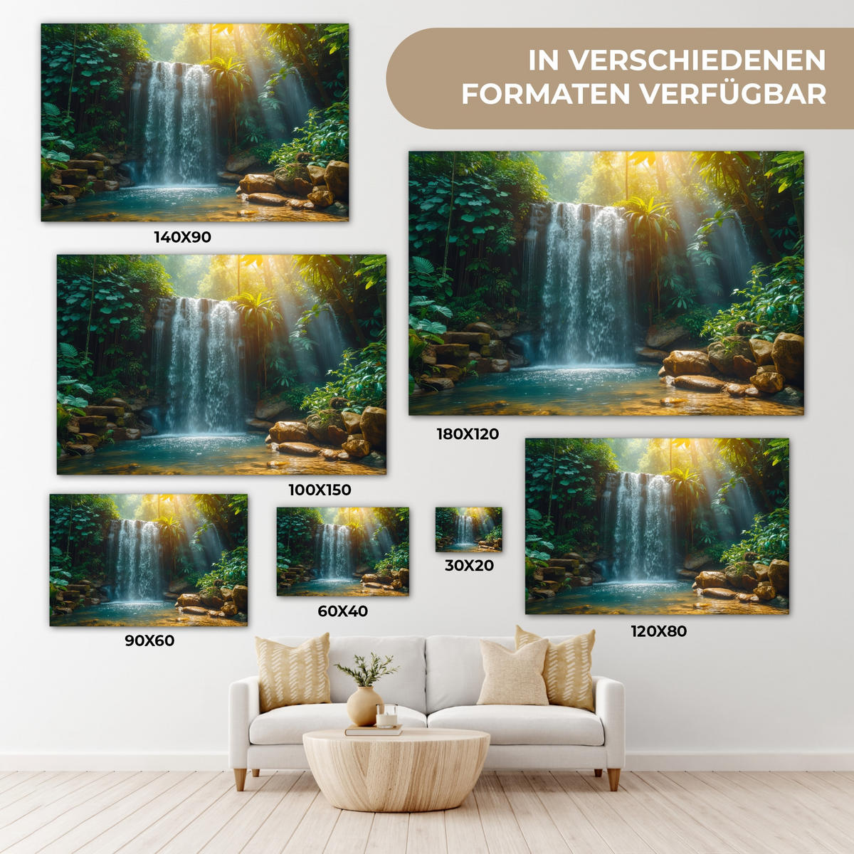 LEINWANDBILD Wasserfall - Dschungel - Sonne - Grün - Natur Wanddeko 90x60 cm - Grün, Textil (90/60cm) - MuchoWow