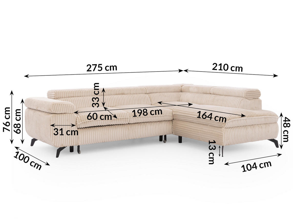 ECKSOFA mit Schlaffunktion und Bettkasten Bonnie aus Hellbeige Cord-Stoff mit verstellbaren Kopfstützen und Armlehne - Ottomane rechts - Beige/Schwarz, Holz/Textil (275/210cm) - S-Style Möbel