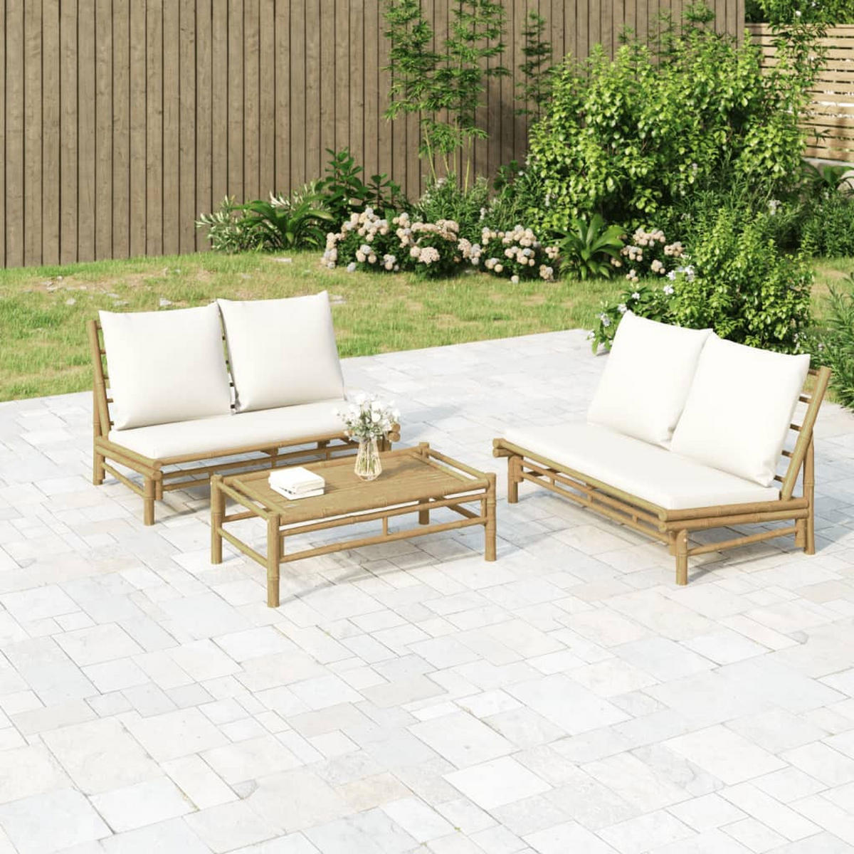 GARTEN-LOUNGE-SET 2-TLG. Mit Cremeweissen Kissen Bambus - Creme, Naturmaterialien - vidaXL