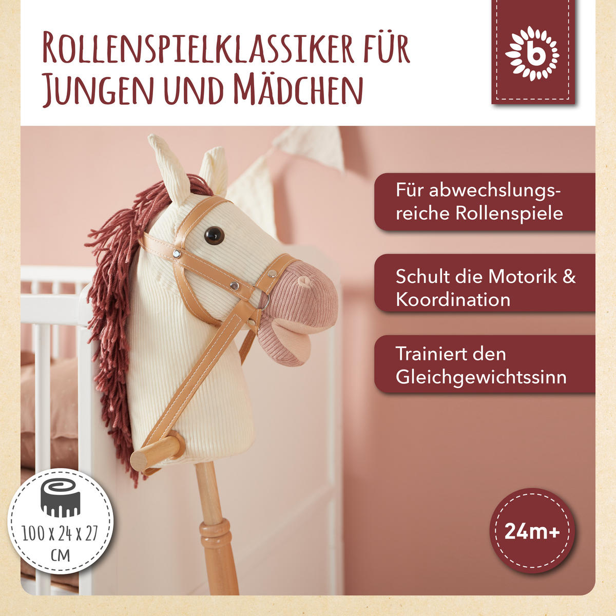 BIECO Steckenpferd Kinder Ginger | Hobby Horse Pferde | Steckenpferd Rollen | Steckenpferd Holz Pferd Stab | Stock Pferd - Weiß, Textil (24/100cm) - Bieco Spielwaren