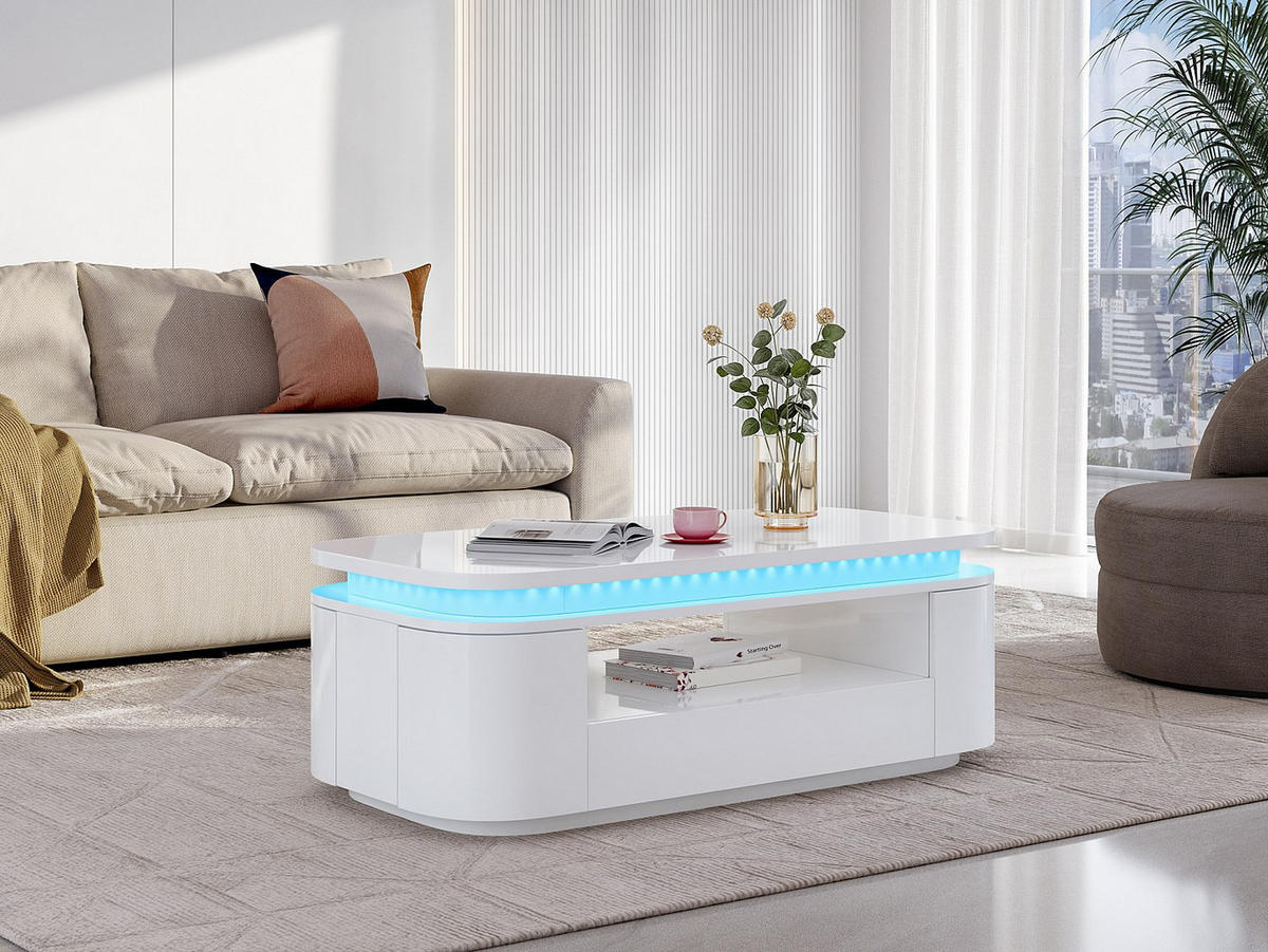 COUCHTISCH mit 4 Türen & 1 Schublade + LEDs - MDF - Weiß - VANDANA - Weiß, Holz (120/60/42.5cm) - Vente-Unique