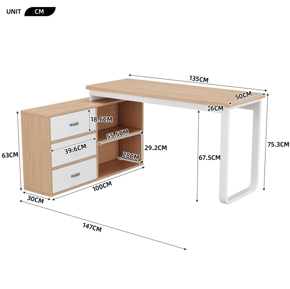 SCHREIBTISCH mit 3 Schubladen 147 x 100 x 75,3 cm MDF Metall Natural - Braun, Metall (147/100/75.3cm) - Meubliv
