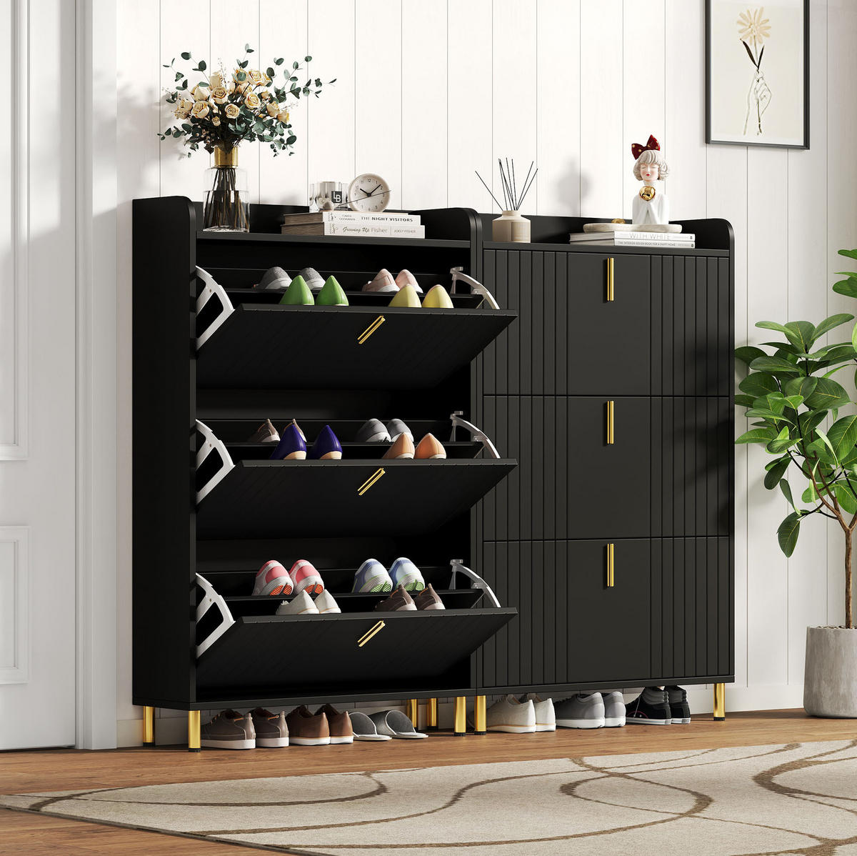 SCHUHSCHRANK-SET 80/23/123,5 cm aus MDF mit verstellbaren Regalböden und Kippsicherung, Schwarz - Schwarz, Holzwerkstoff (80/123/23cm) - Redom