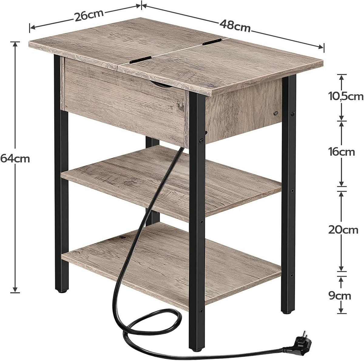 BEISTELLTISCH BRAUN Sofatisch mit Ladestation - Greige/Schwarz, Holzwerkstoff (48/26/64cm) - Hoobro