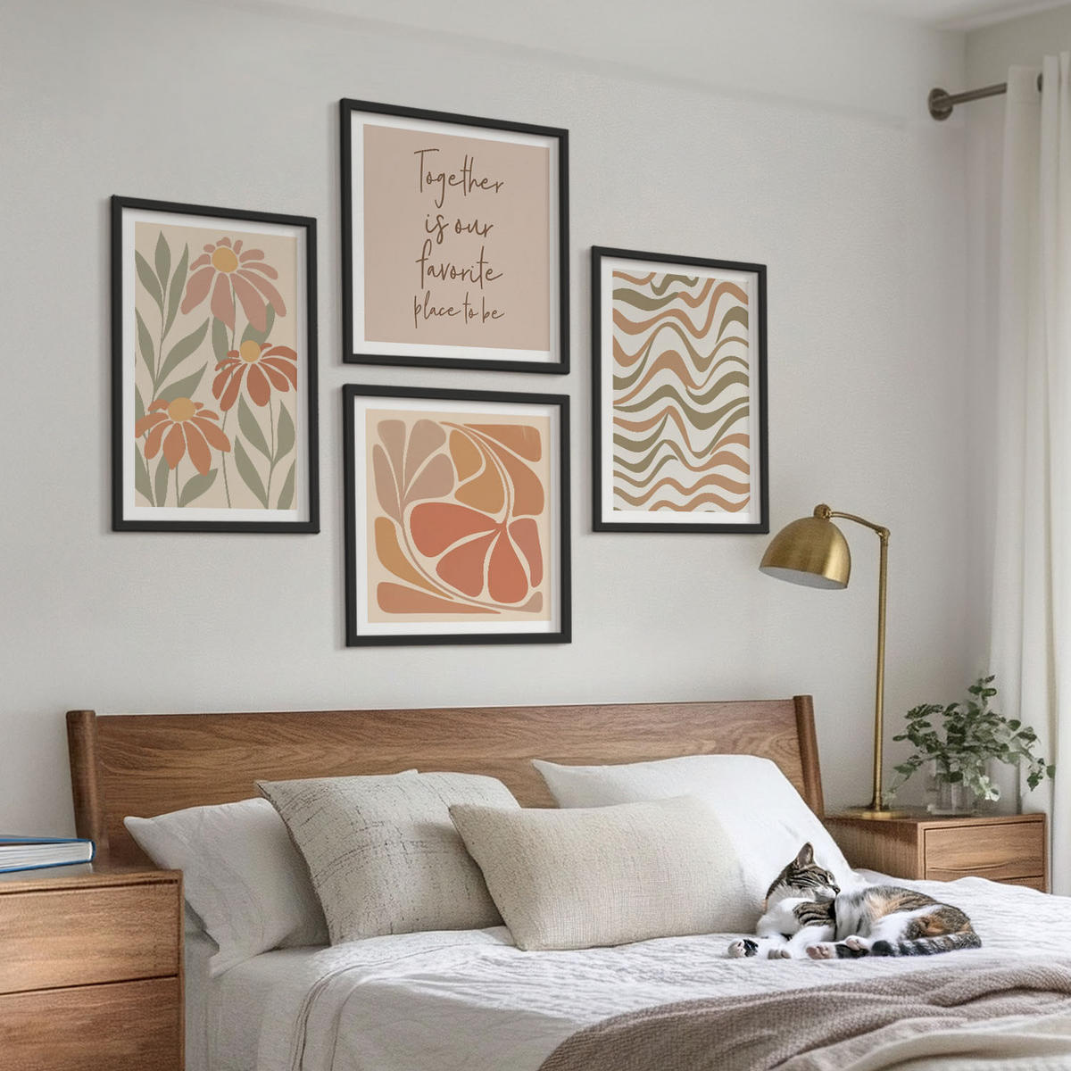 BILDER SET 4er Set - 50x50 cm & 40x60 cm Schwarzer Rahmen - Abstrakte Pastellblumen - Schwarz, Kunststoff (50/50cm) - TULUP