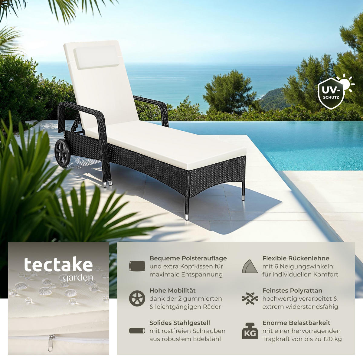 RATTAN-SONNENLIEGE ,200 x 70 x 33 cm,schwarz/beige - Beige/Schwarz, Kunststoff (70/33/200cm) - tectake