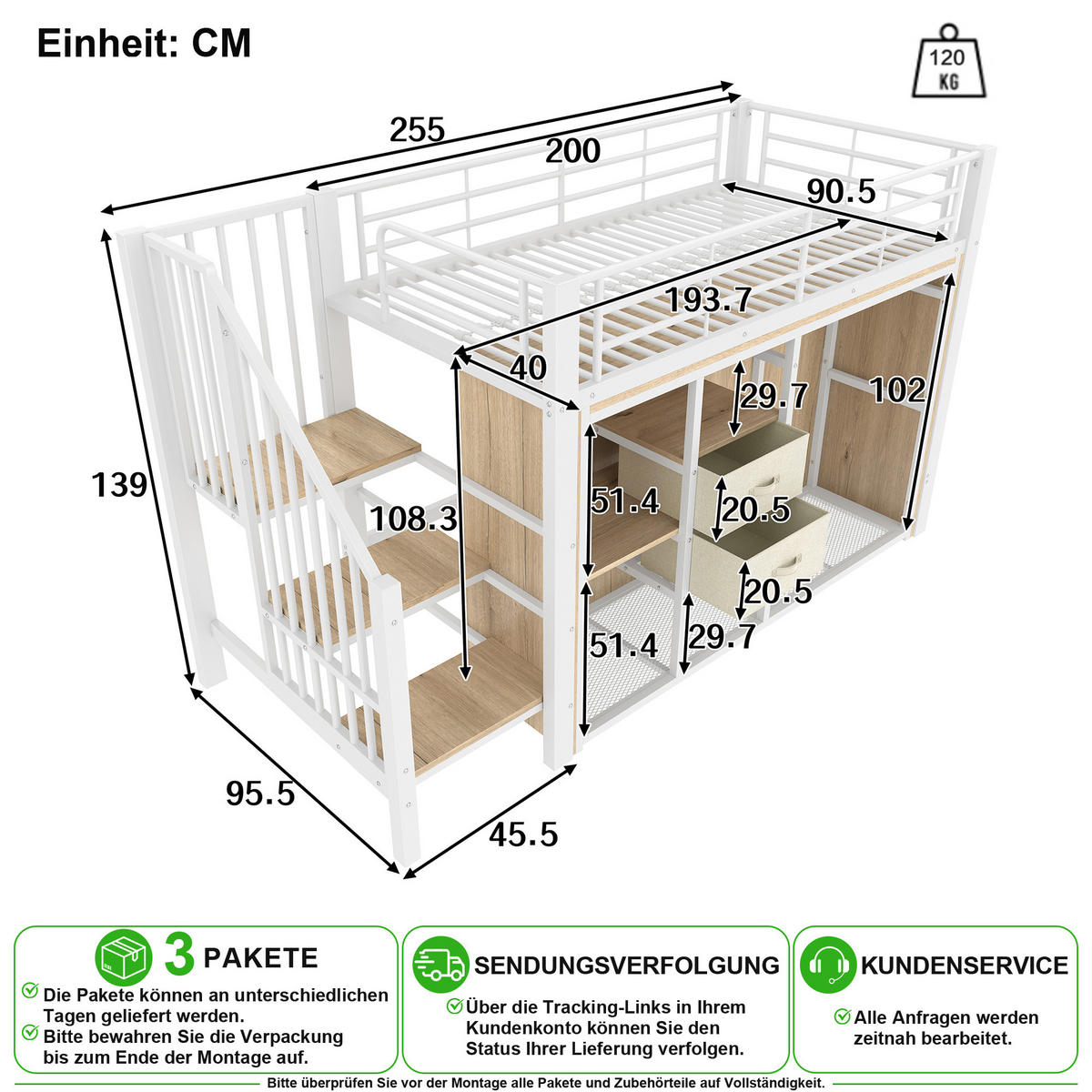 HOCHBETT 90/200 cm in Weiß mit 2 Schubladen, LED und offenem Kleiderbereich - Weiß, Holzwerkstoff/Metall (90/200cm) - CHICFURN