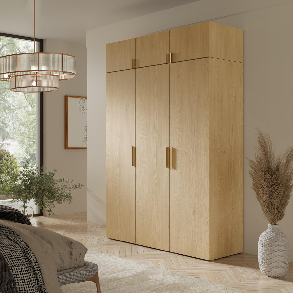 DREHTÜRENSCHRANK mit Aufsatz Napoli 3D 150 Eiche Cremona (schwarzer oder goldener Griff) - Eichefarben/Silberfarben, Holzwerkstoff/Kunststoff (150/35/60cm) - mzm24