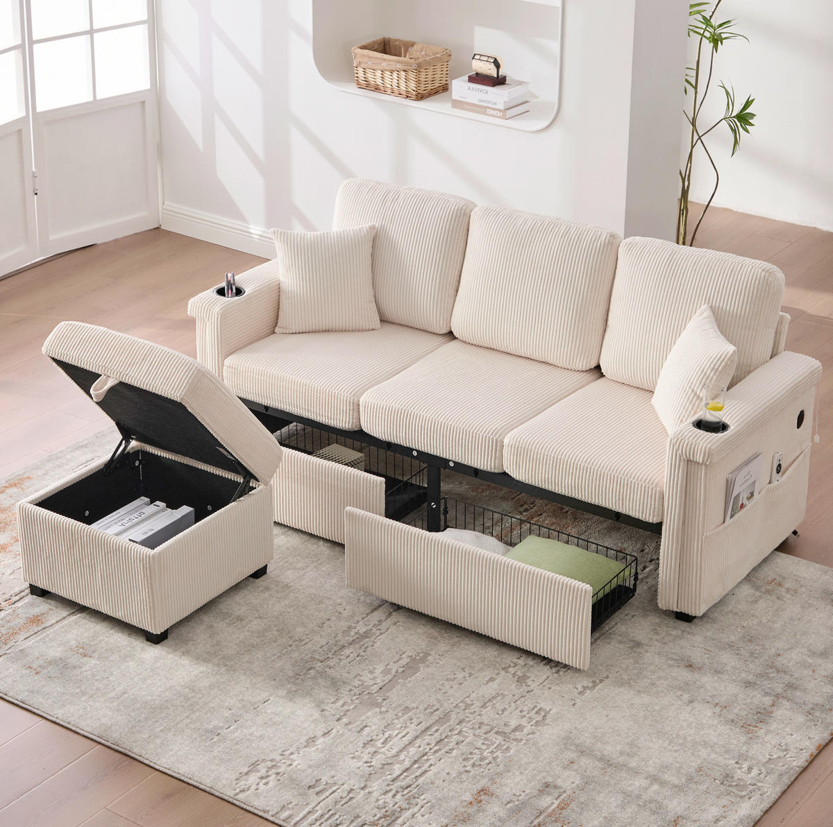 ECKSOFA aus Cord 194x73x81 cm Beige mit LED-Beleuchtung, USB-C-Anschluss, Seitentaschen und 2 Schubladen - Beige, Textil (194/73cm) - Modfu