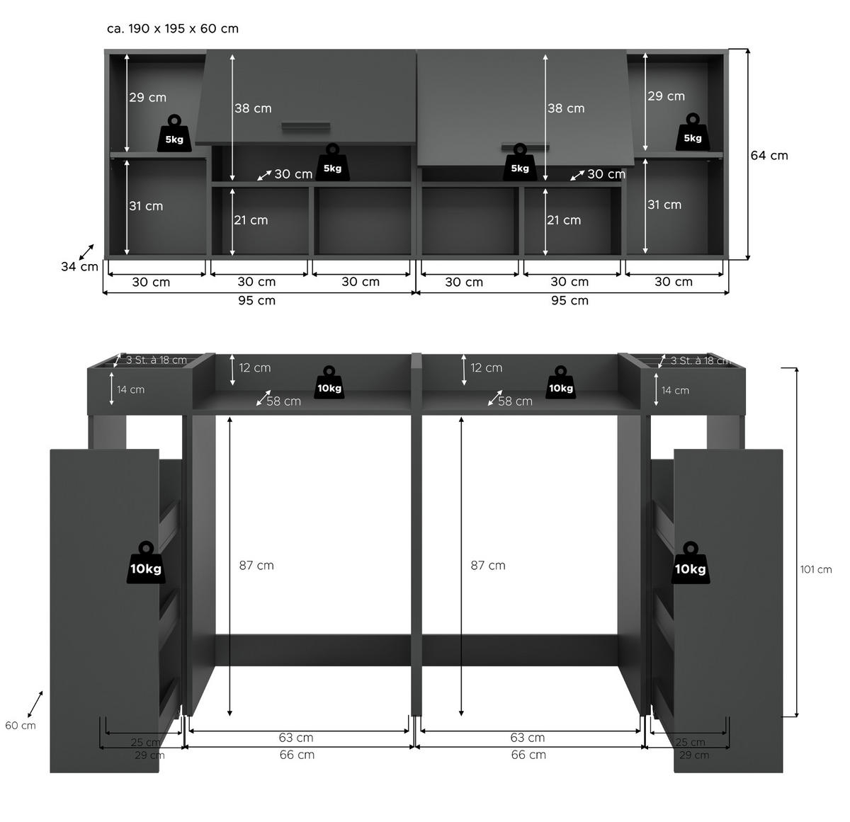 WASCHMASCHINENSCHRANK grau Set 6-teilig 190 cm, Umbau für Waschmaschine und Trockner - Schwarz/Grau, Holzwerkstoff/Kunststoff (190/195/60cm) - Inn.Furn