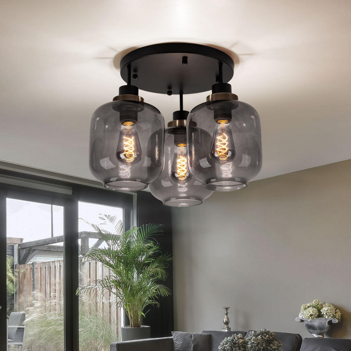 DECKENLEUCHTE Metall Schwarz matt rauch - Schwarz, Glas (45/45/33cm) - Globo Lighting