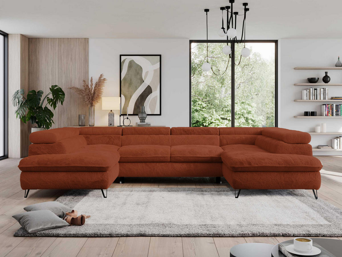 WOHNLANDSCHAFT PETER U Plüsch Orange - Schwarz/Orange, Textil/Metall (346/76/208cm) - MKS