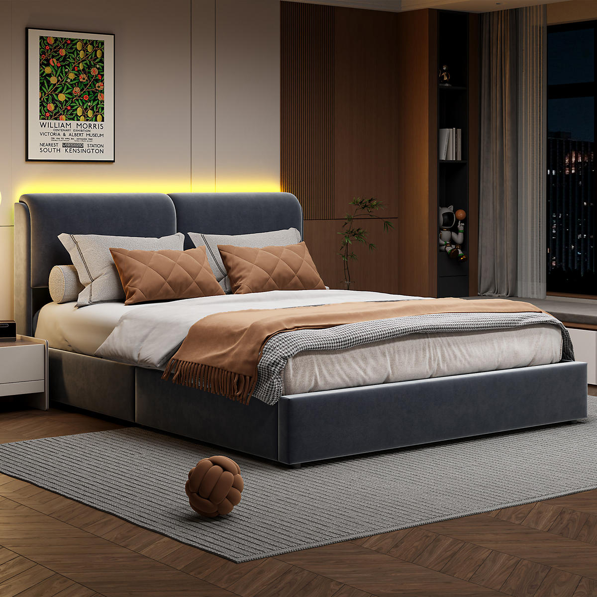 POLSTERBETT 140x200 cm, Grau, LED-Beleuchtung - Grau, Textil/Metall (140/200cm)