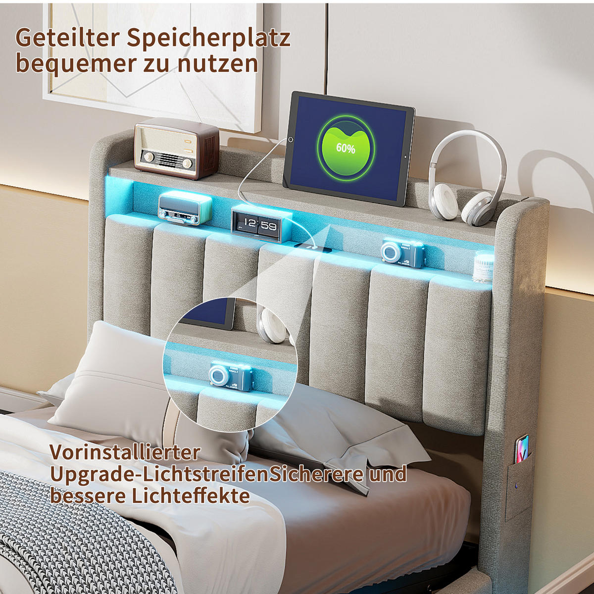 STAURAUMBETT 90x200 cm Einzelbett, LED und USB, Kopfteil mit Stauraum, Samtstoff in Grau - Grau, Holz (90/200cm) - BRILVERDE