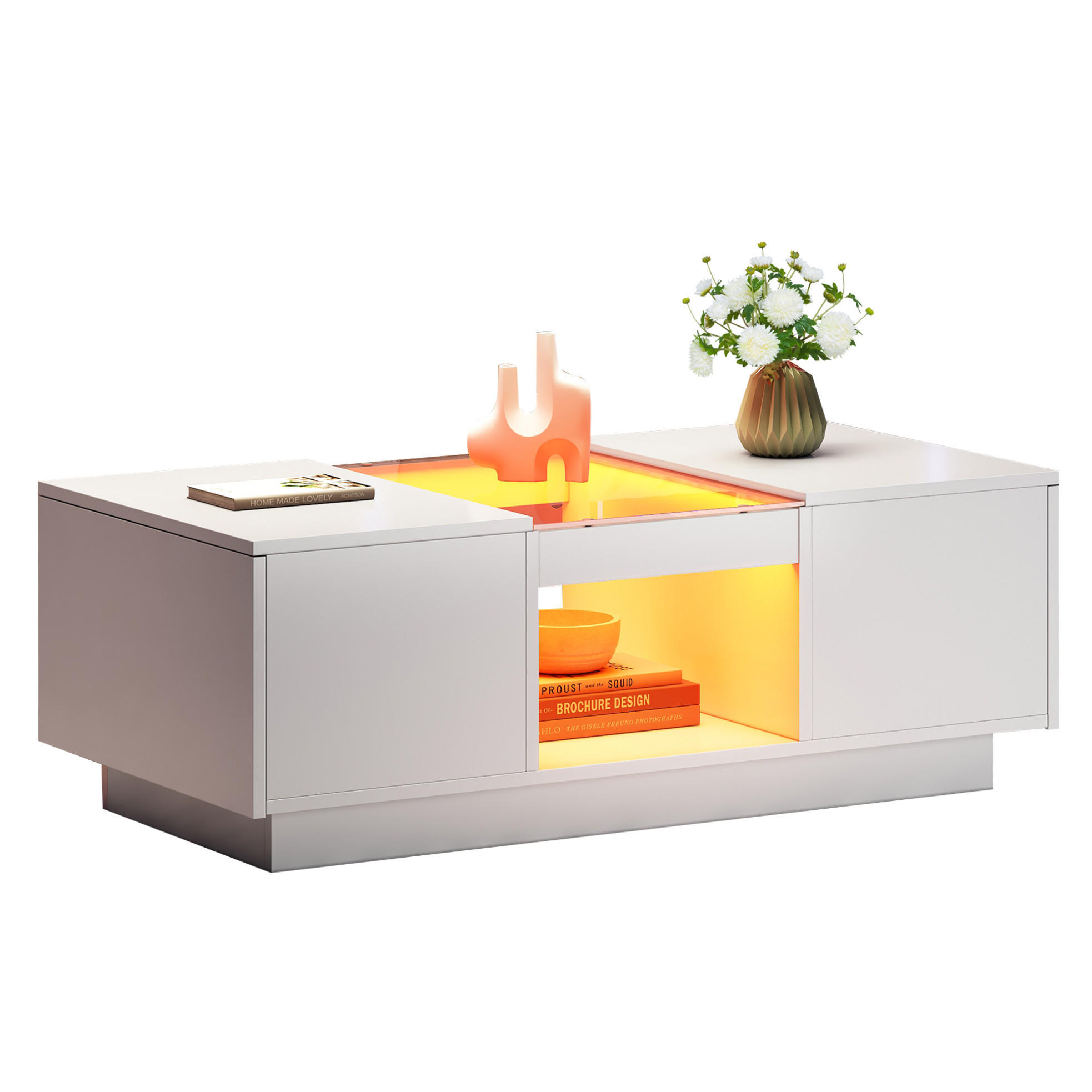COUCHTISCH 100/50/35,5 cm weiß mit Glasverkleidung LED-Beleuchtung App-Steuerung 2 Schubladen - Weiß, Holzwerkstoff (100/50/35.5cm) - OKWISH